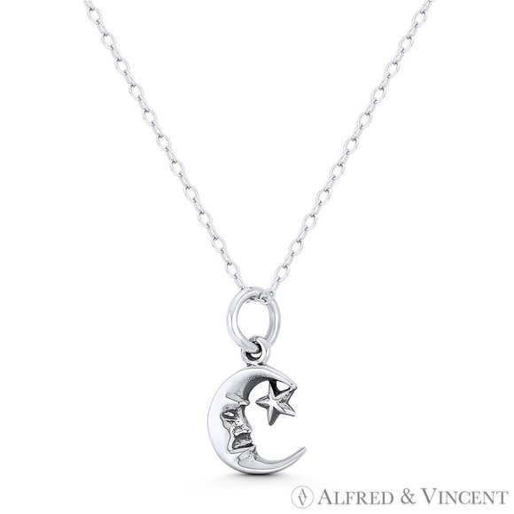 Crescent Moon & Star Astrological Charm Pendant in Oxidized .925 Sterling Silver - Picture 1 of 1